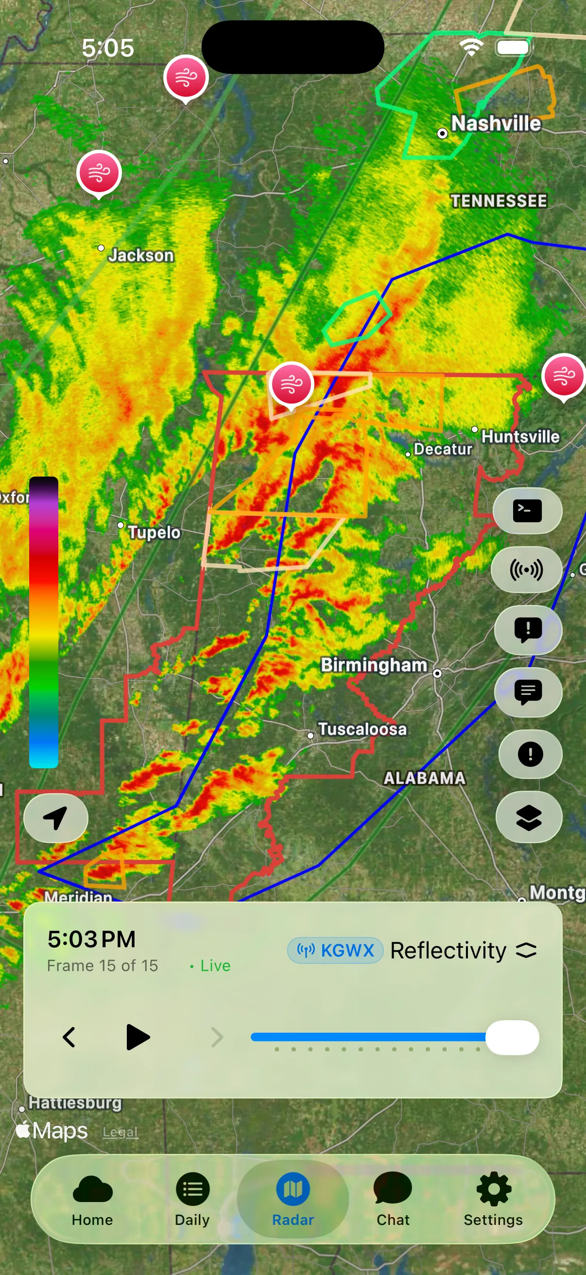 WeatherAI radar reflectivity display with green, yellow, orange, red, and purple precipitation cores