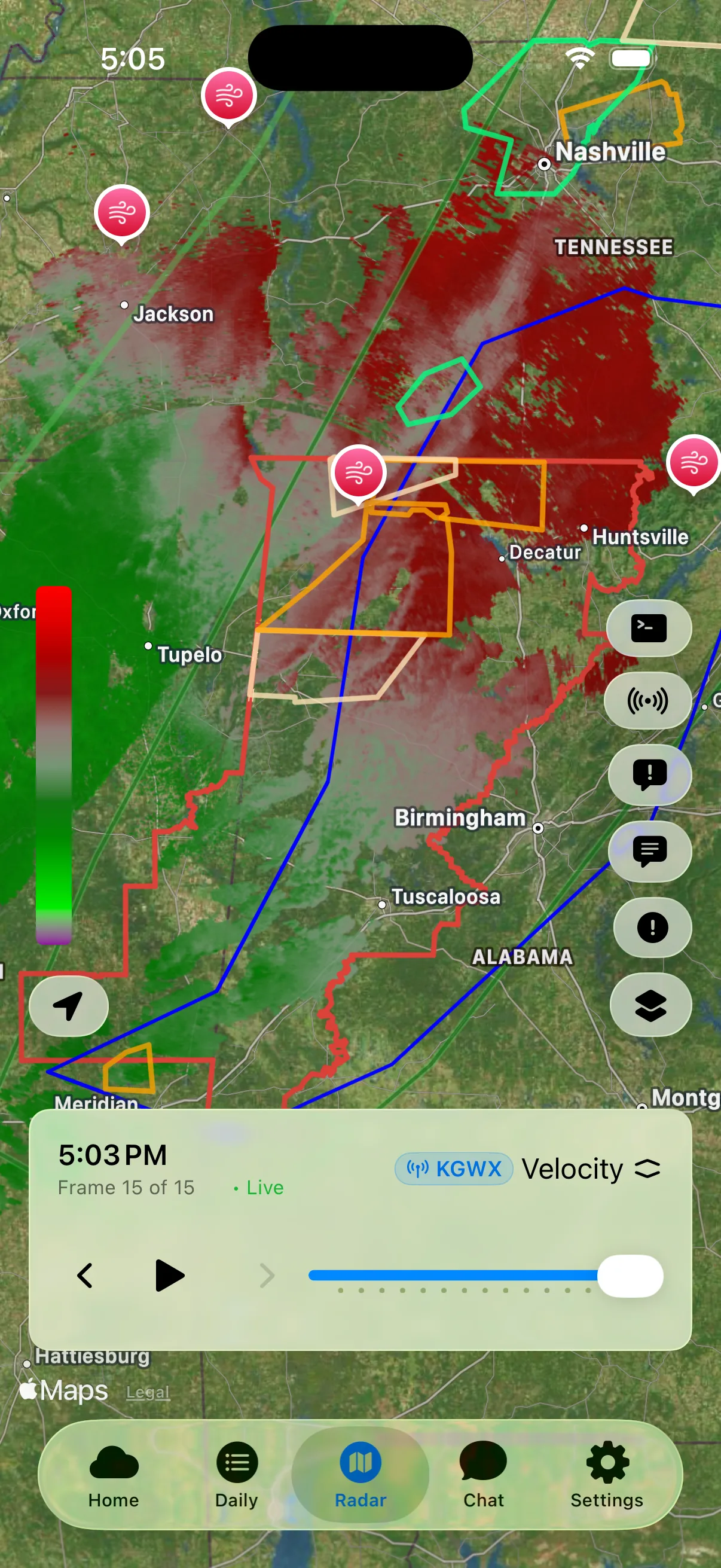 WeatherAI velocity radar view showing red and green wind motion patterns