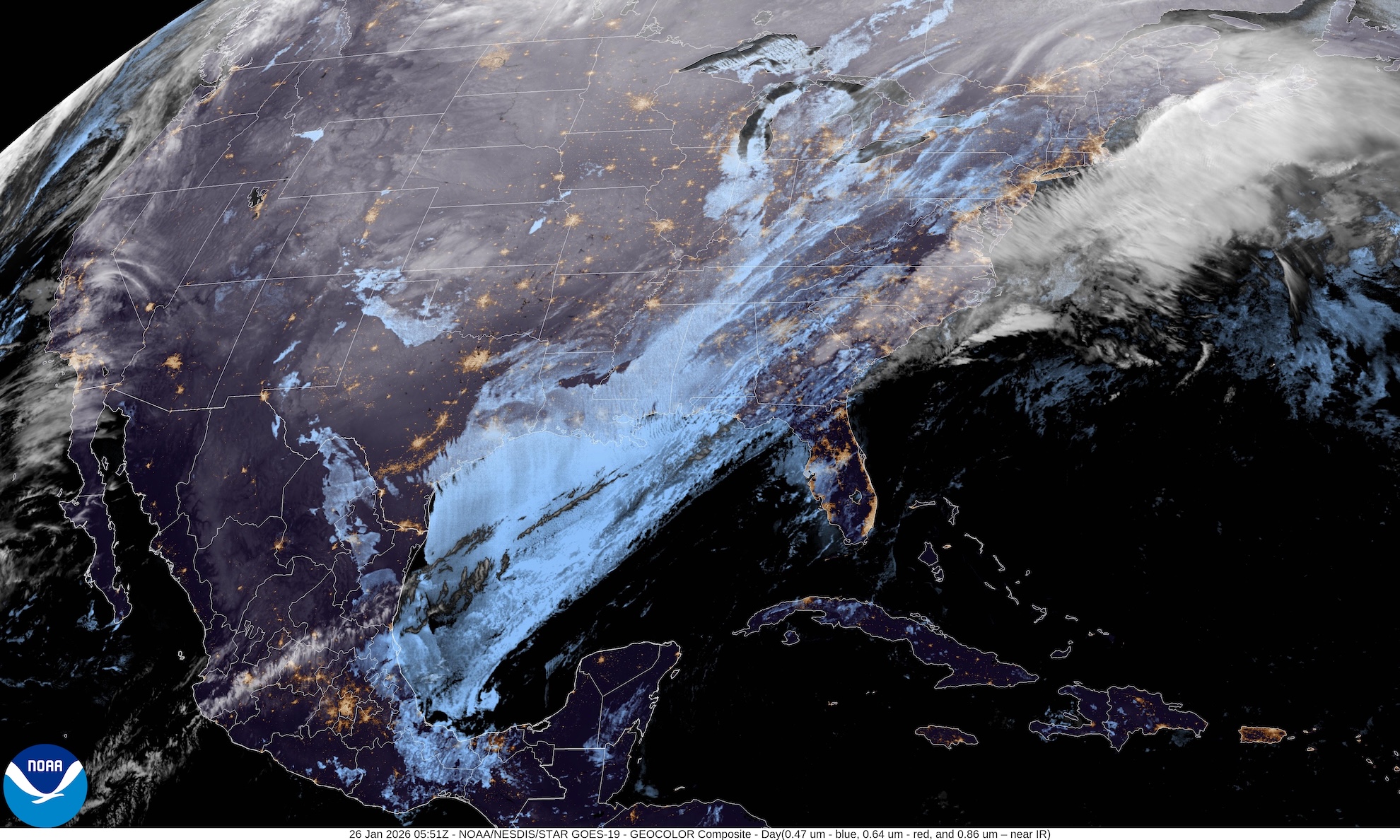 GOES-East GeoColor satellite imagery showing the continental United States