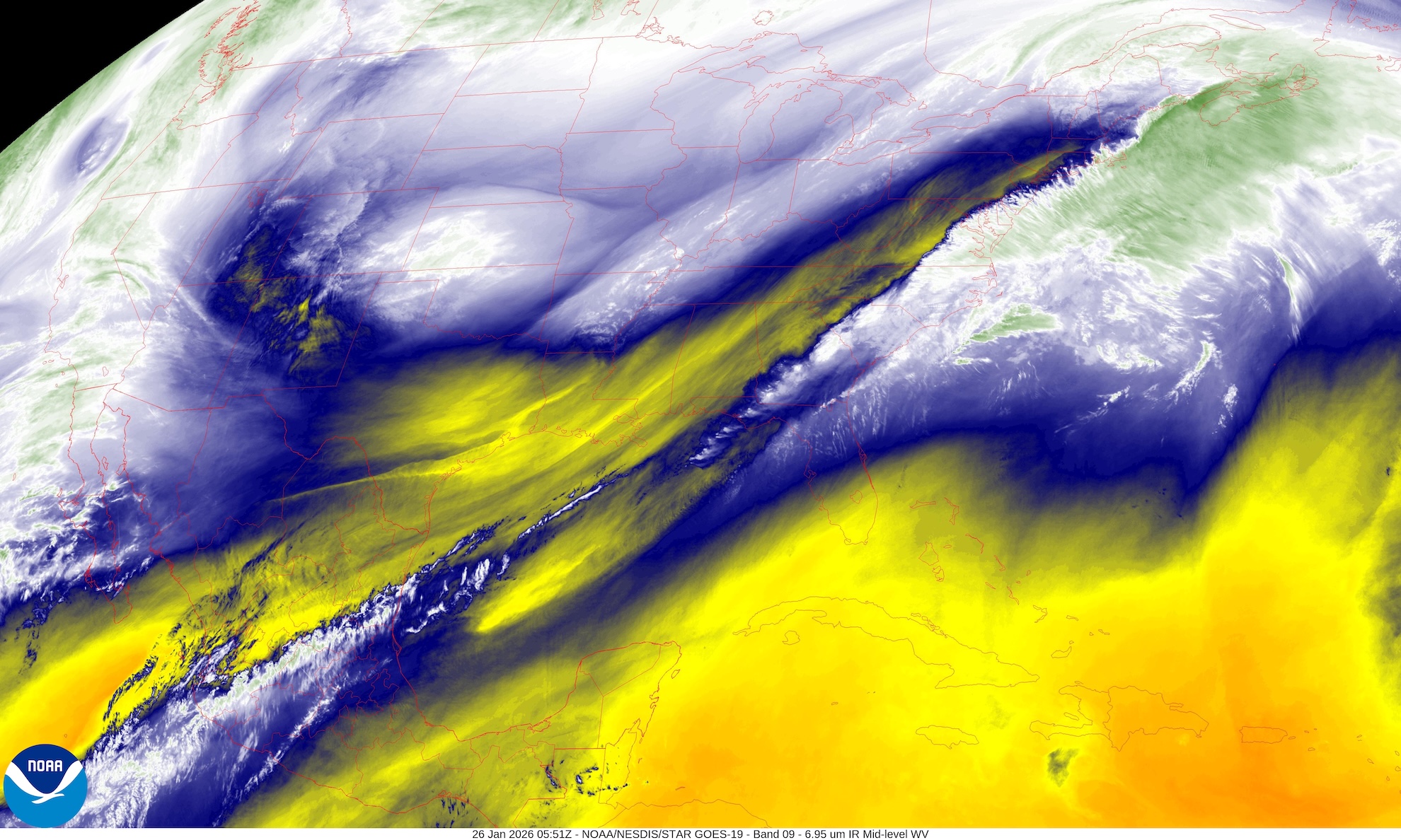 GOES-East water vapor satellite imagery showing atmospheric moisture patterns
