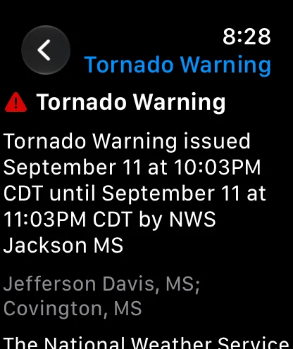 A tornado warning open on the WeatherAI Apple Watch app