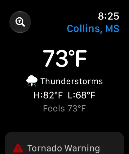 WeatherAI on Apple Watch showing current conditions and an active tornado warning
